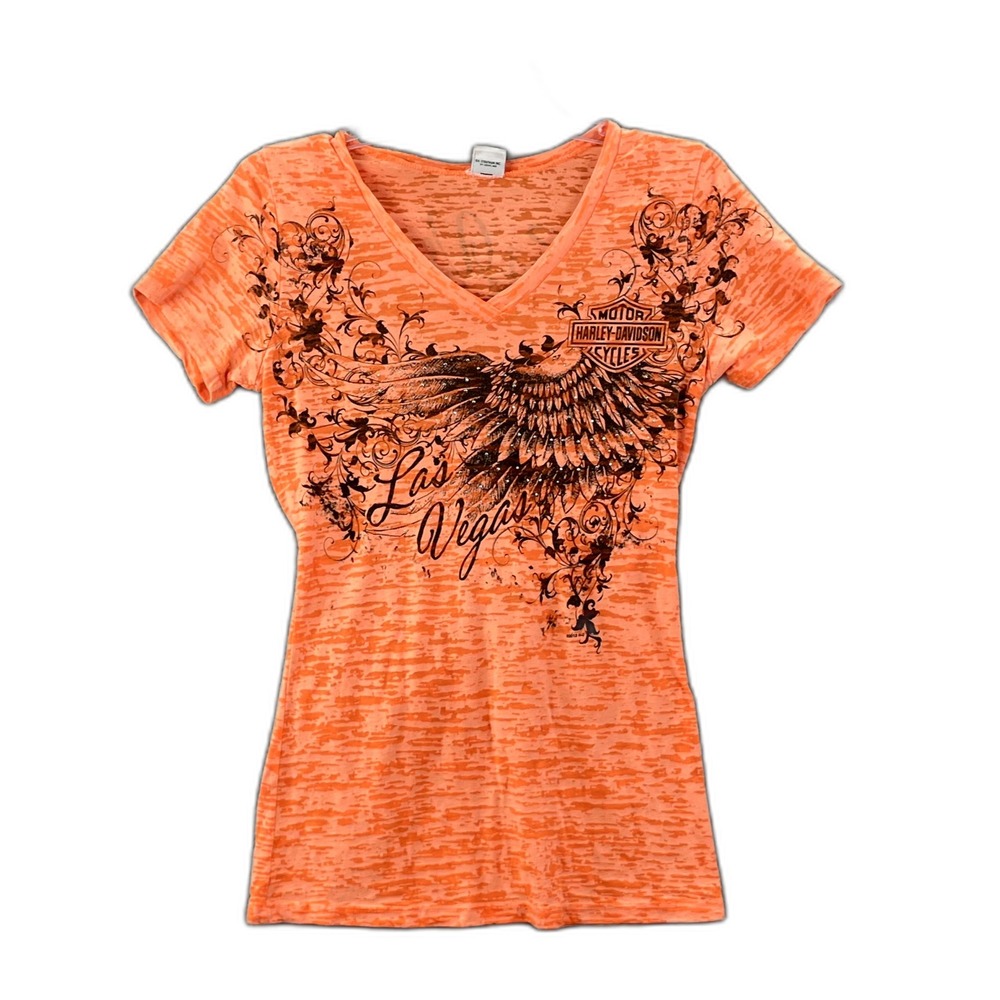 Harley Davidson Las Vegas Wispy T Shirt Womens XS Rust Graphic V-Neck Streetwear
